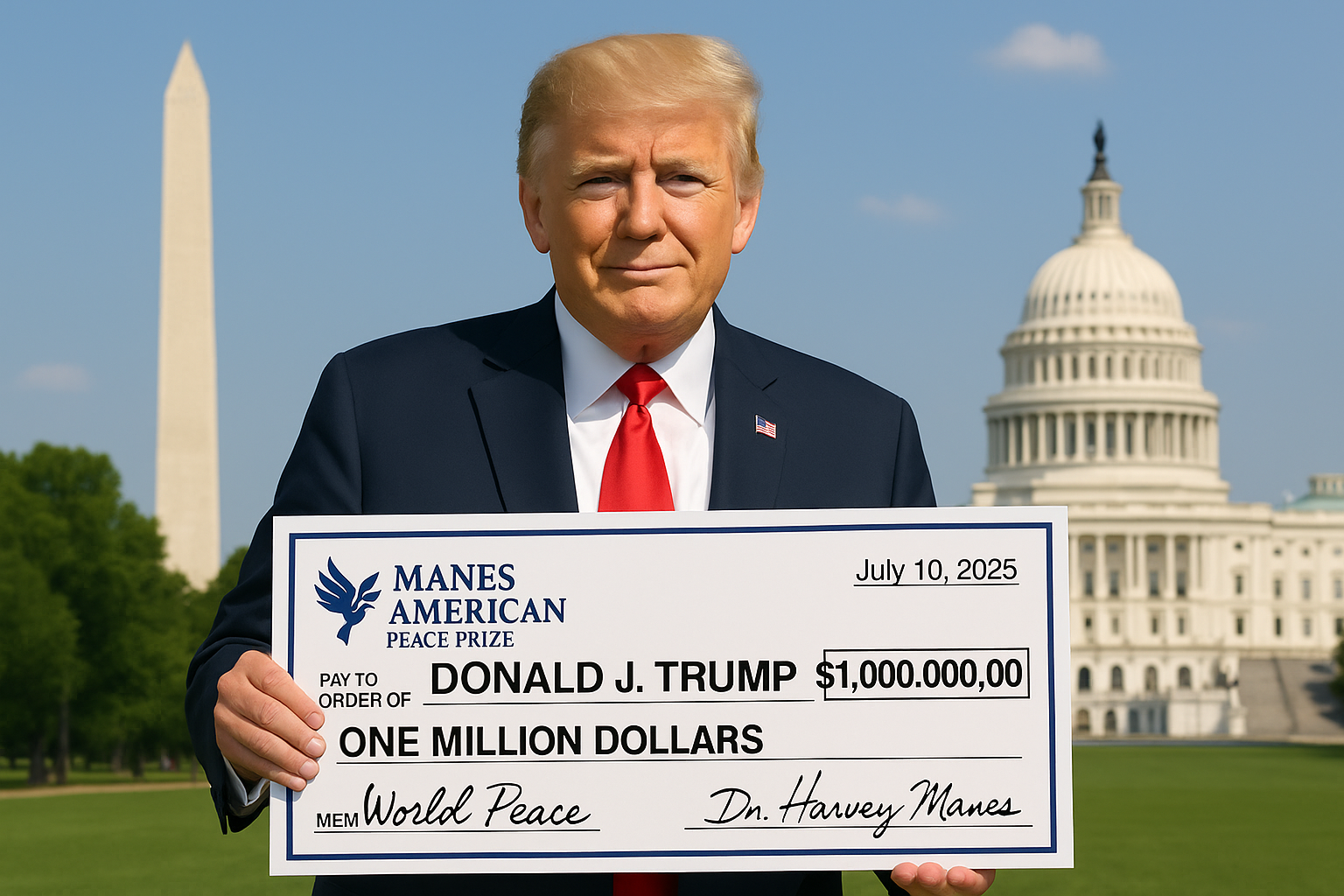 Digitally generated image created with AI to illustrate President Donald J. Trump receiving a ceremonial check for the Manes American Peace Prize.