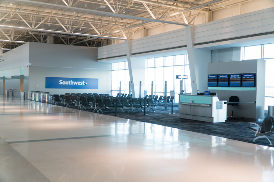 Southwest Airlines empty passenger terminal gate at Islip MacArthur Airport, which was the highest-ranked airport in New York State and the only one from Long Island to make the list. Known for its ease of navigation and lack of congestion compared to larger metropolitan airports. File photo: BrandonKleinPhoto, licensed.