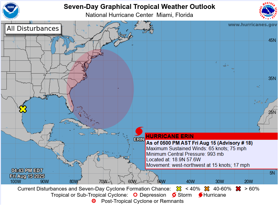 Hurricane Erin’s position and projected path as of 5:00 PM AST on August 15, 2025, according to the NOAA/National Hurricane Center. This map reflects the storm’s status at the time of publication.
