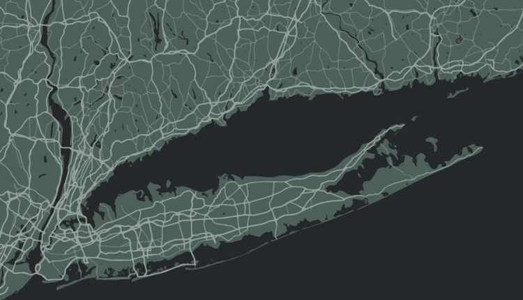 In the image above, you can see a stylized map of Long Island and its surrounding region, highlighting the Island’s network of major highways and parkways. The Long Island Expressway (I-495) runs across the Island like a central spine, flanked by the Northern State Parkway and Southern State Parkway. To the west, the dense roadway grid of New York City connects into Long Island through its bridges and tunnels, while the map also shows Connecticut’s shoreline to the north and New Jersey to the west. The dark background emphasizes the landmass and road system, making Long Island’s transportation routes stand out clearly.