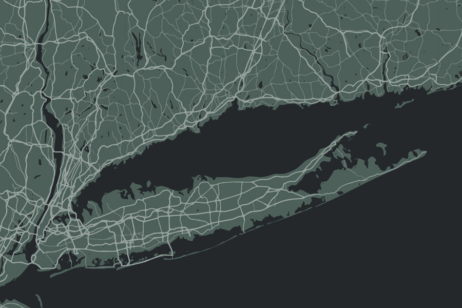 In the image above, you can see a stylized map of Long Island and its surrounding region, highlighting the Island’s network of major highways and parkways. The Long Island Expressway (I-495) runs across the Island like a central spine, flanked by the Northern State Parkway and Southern State Parkway. To the west, the dense roadway grid of New York City connects into Long Island through its bridges and tunnels, while the map also shows Connecticut’s shoreline to the north and New Jersey to the west. The dark background emphasizes the landmass and road system, making Long Island’s transportation routes stand out clearly.