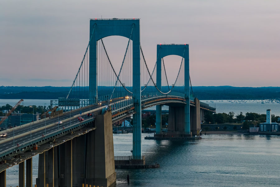 An aerial view of the Throgs Neck Bridge, New York City, at dawn