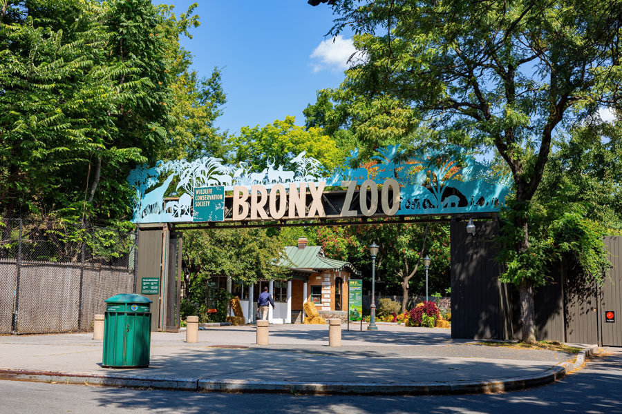A bright, sunny day view of the Bronx Zoo entrance. The iconic gateway sign, decorated with silhouettes of animals and trees, stretches across the entry path. Lush green trees frame the scene, while a small ticket booth is visible in the background. The zoo, operated by the Wildlife Conservation Society, stands as one of the largest metropolitan zoos in the world and a landmark destination in the Bronx.