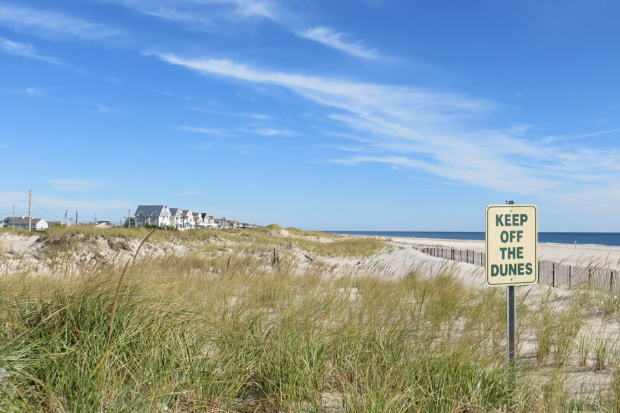 A Keep Off The Dunes Sign with beach houses, the dunes and ocean in the background at Cupsogue Beach In Westhampton Beach, Long Island, NY.