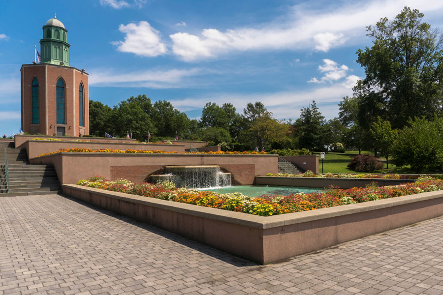 Fountain with flower and waterfall during spring at Eisenhower Park on Long Island New York