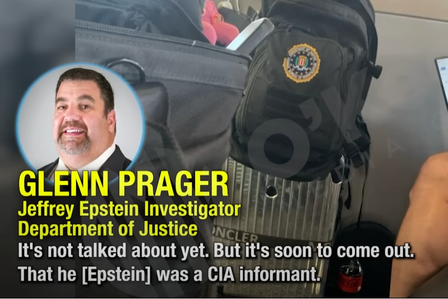 Screenshot from O’Keefe Media Group video showing Glenn Prager, identified as a former Department of Justice investigator, alleging Epstein was a CIA informant.