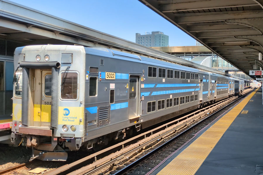 A Long Island Rail Road (LIRR) double-decker commuter train at a Jamaica station platform. As of mid-2025, the LIRR carries between 295,000 and 298,000 commuters on the busiest weekdays. On average, weekday ridership frequently surpasses 295,000 passengers per day, with numbers rising even higher during peak periods and major events.