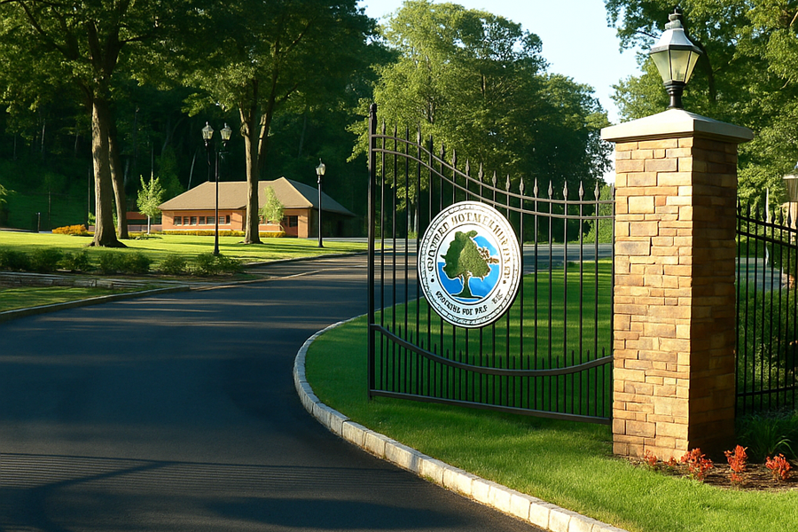 Gated entrance to the Village of East Hills, New York, surrounded by tall trees and landscaped grounds on a bright, clear afternoon.