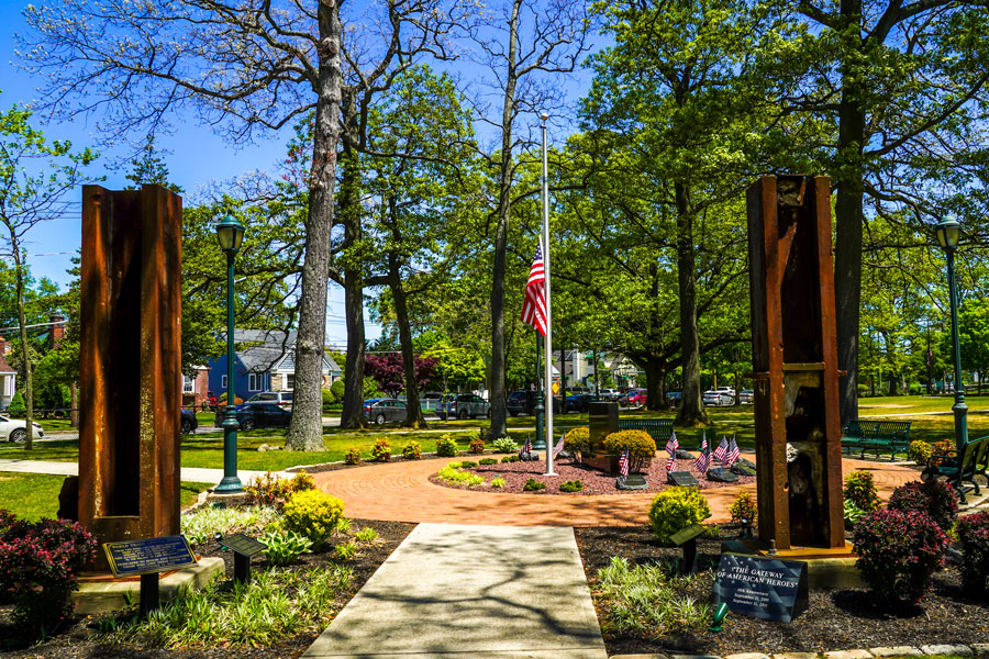 September 11 Memorial with World Trade Center steel columns in East Rockaway, New York, photographed on May 21, 2020.