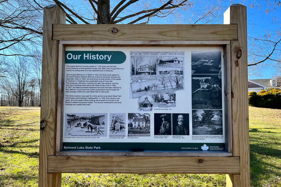 Babylon, NY, USA, 1.1.23 - A sign at Belmont Lake State Park that talks about the history of the estate.