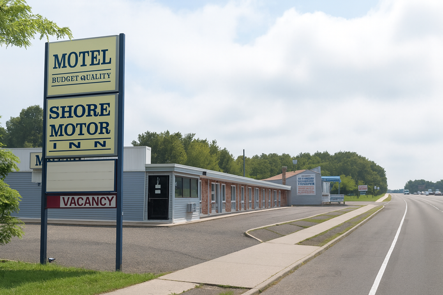 Digitally enhanced and re-rendered photograph of  the Shore Motor Inn in Patchogue, New York, the site where prosecutors say truck driver Willie Hart murdered his girlfriend, Candace Woodruff, inside his parked tractor cab in May 2023.