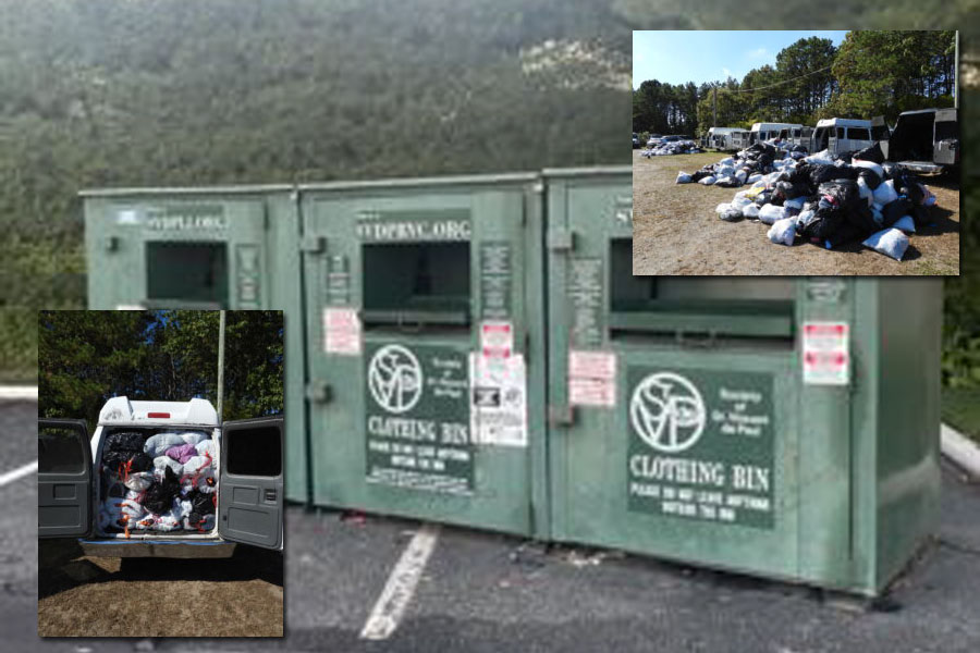 
Recovered evidence from the Suffolk County investigation shows clothing donation bins belonging to the Society of St. Vincent de Paul and seized vans filled with stolen bags of clothing. Authorities say the two theft rings used similar vans to raid dozens of bins nightly across Long Island, stealing more than half a million pounds of donated items intended for charity. Image credit: Office of the  Suffolk County District Attorney
