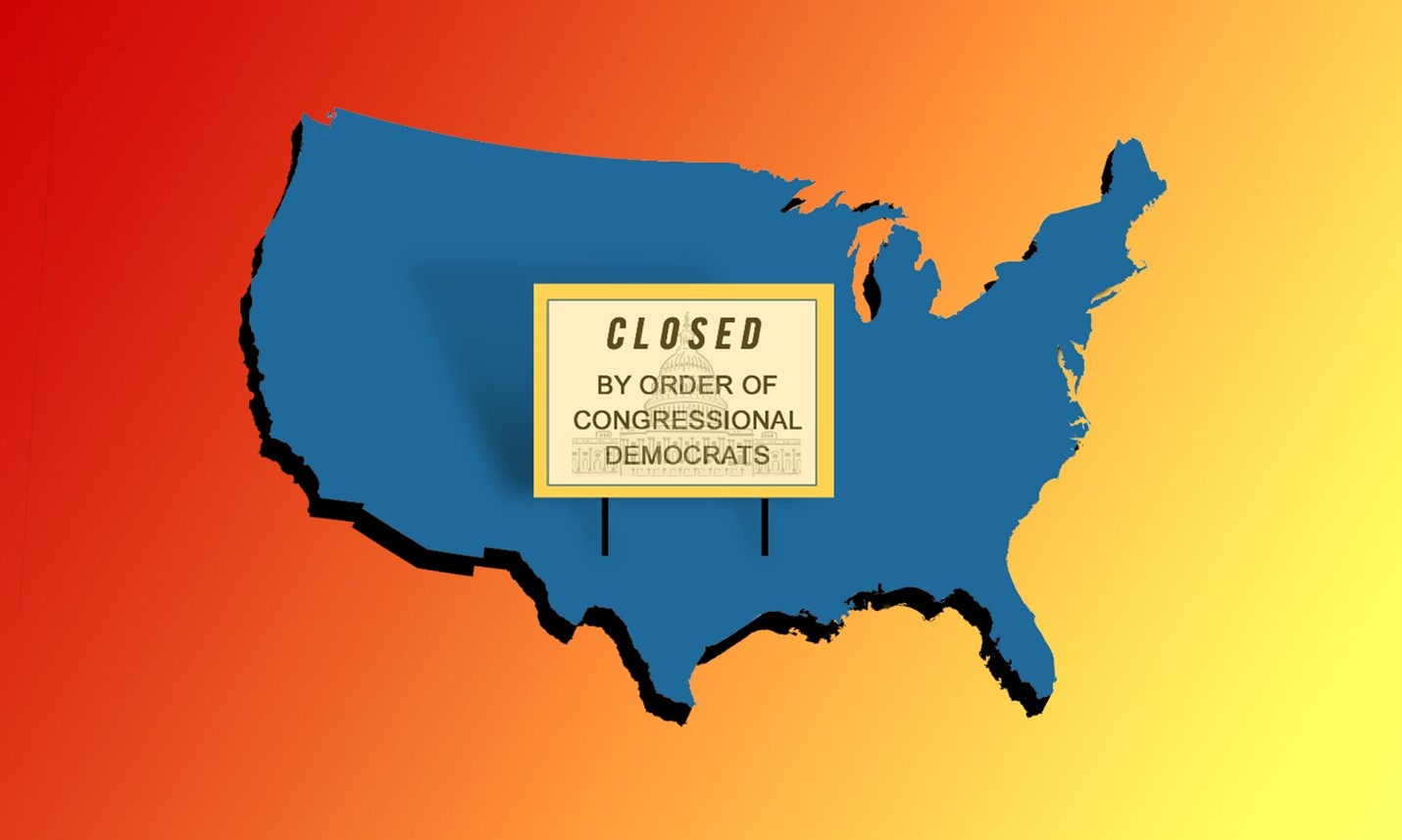 Map of the continental United States in blue with a sign reading Closed by Order of Congressional Democrats in the center, representing partisan blame for a government shutdown.