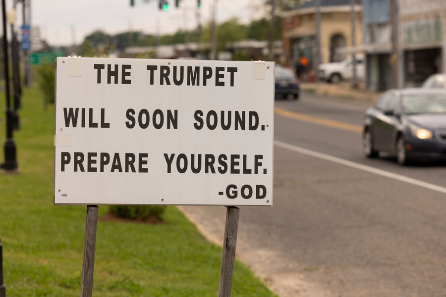 Rayville, Louisiana, USA - April 24, 2024: Cloudy afternoon light shines on a sign signaling preparation for the rapture.