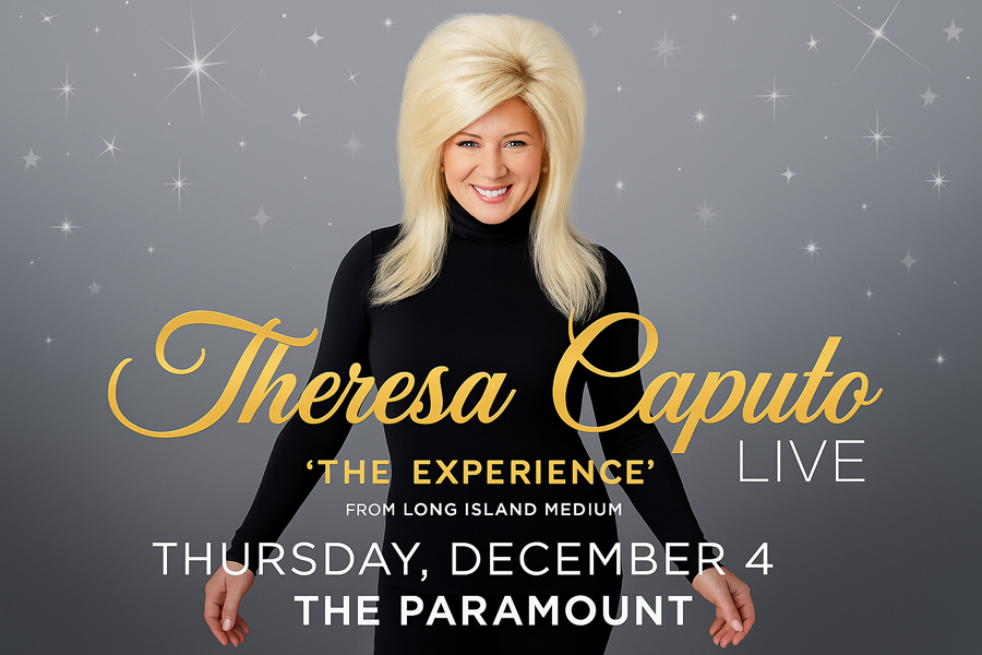 Featured promotional image for Theresa Caputo LIVE: The Experience, showing the medium against a star-themed background with event details for the December 4, 2025 show at The Paramount in Huntington, New York.