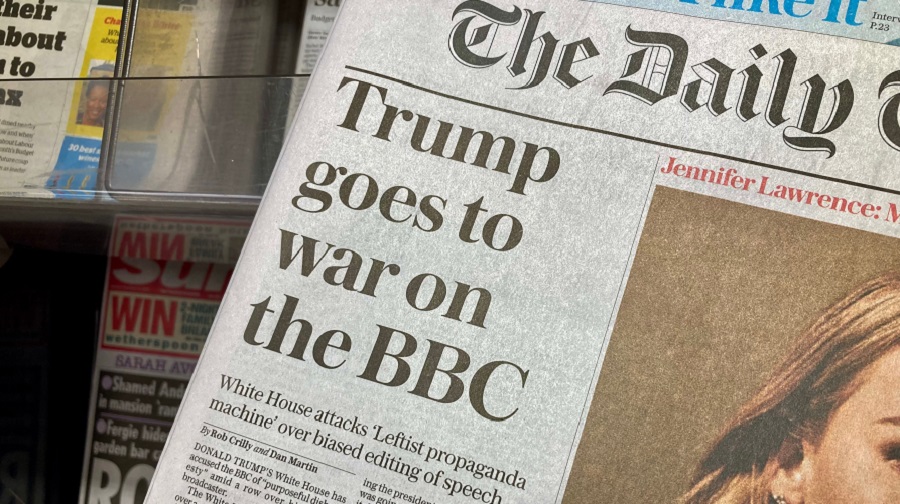 Front page of The Daily Telegraph newspaper with the headline Trump goes to war on the BBC referencing a dispute over edited footage of his speech.