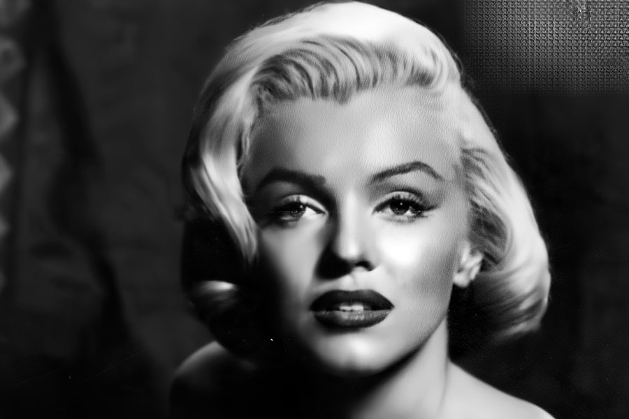 Black-and-white portrait of Marilyn Monroe from around 1950, showing her with classic platinum-blonde hair, softly lit features, and a glamorous expression against a dark studio background.