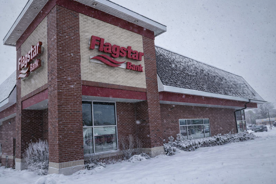 Digitally recreated exterior image of a Flagstar Bank branch, representing a Suffolk County bank robbery location.