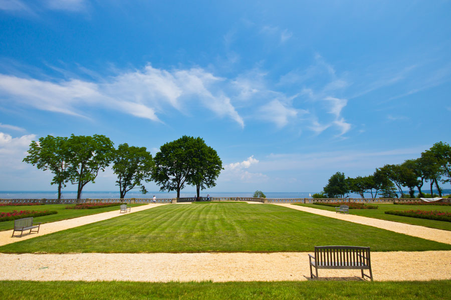 View of the grounds, looking towards the Long Island Sound, from historic Gold Coast Mansion, the Hempstead House at Sands Point Preserve NY