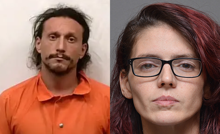 Side-by-side booking photos showing Victor Panebianco in an orange jail uniform and Kacy Corso wearing glasses with dark red-tinted hair.