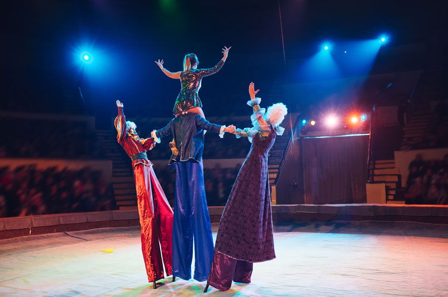 The performance of stilt-walkers in the circus.