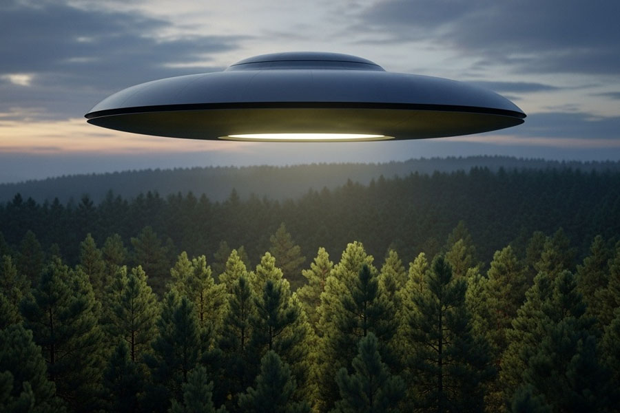 A medium sized UFO thats cylindrical with no windows floating above forest