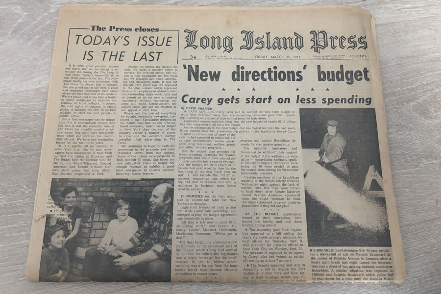 The March 25, 1977 final edition of The Long Island Press, featuring the headline “Today’s Issue Is the Last.” This original print copy is maintained in the LongIslandGuide.com historical archive.