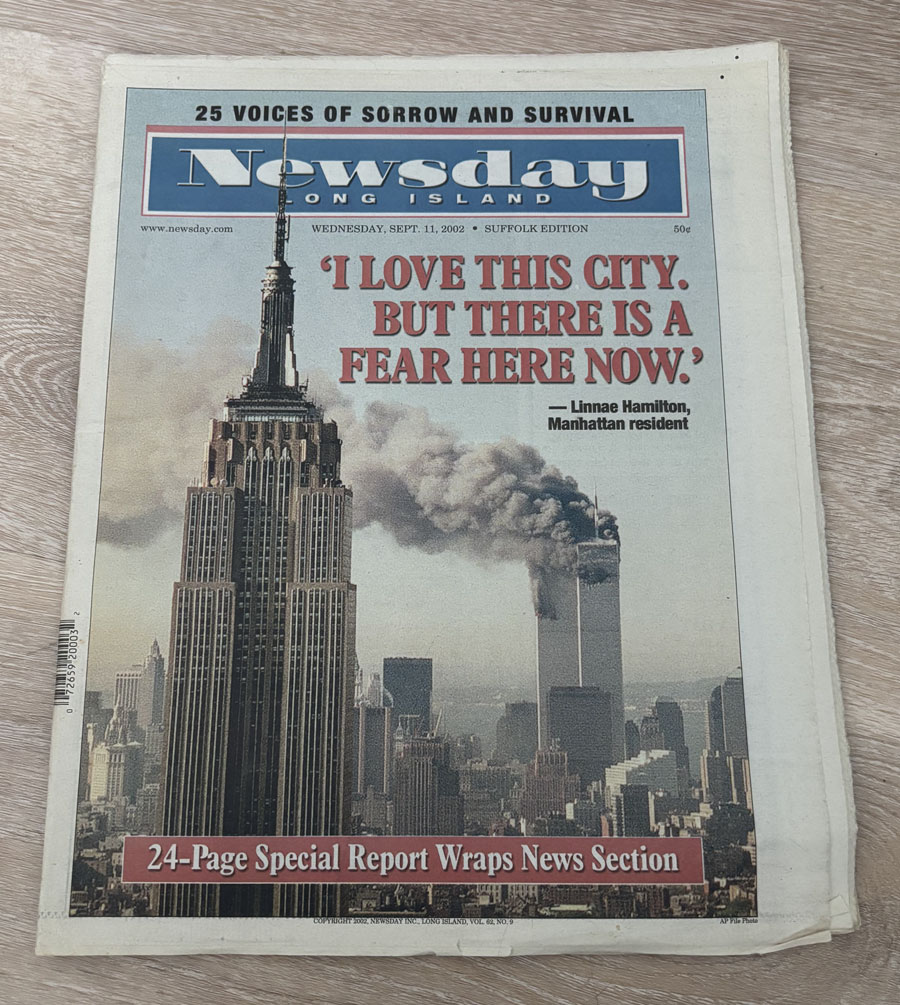 The September 11, 2002 first-anniversary edition of Newsday, reflecting on the long-term impact of the attacks and the ongoing sense of loss felt across the region. This original copy is preserved in the LongIslandGuide.com office archive.
