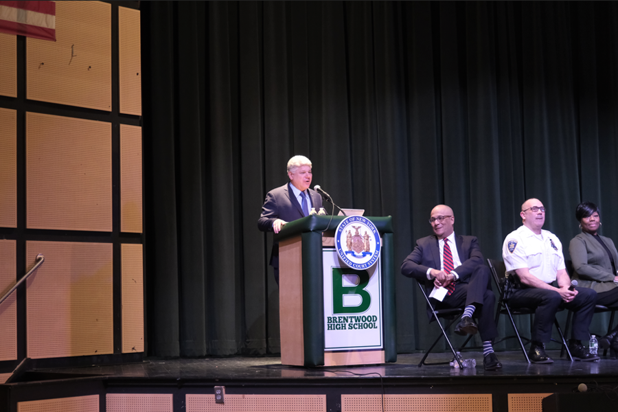 District Administrative Judge Crecca gives welcoming remarks to start the court’s presentation, as Justice LaSalle, Lieutenant Martinez, and Associate Court Clerk Douglas look on. Photo credit: Julia Carpenter, NY Unified Court System