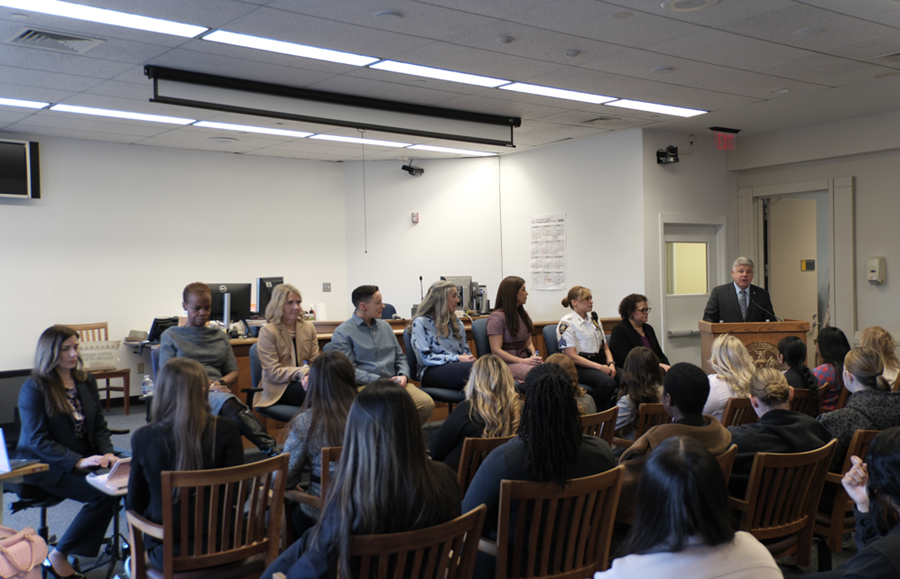 District Administrative Judge Hon. Andrew Crecca delivers welcoming remarks to students at the start of the Women in the Law program.