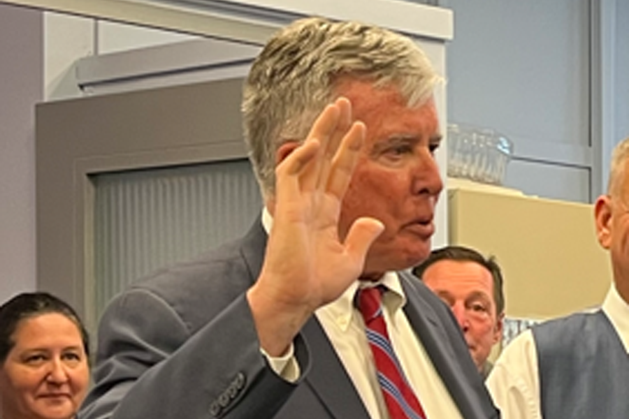Matthew G. Kiernan takes the oath of office during his swearing-in ceremony as Suffolk County District Court Judge in Riverhead, marking the beginning of his new role on the bench. Photo Credit: Doreen Quinn, New York Unified Court System.