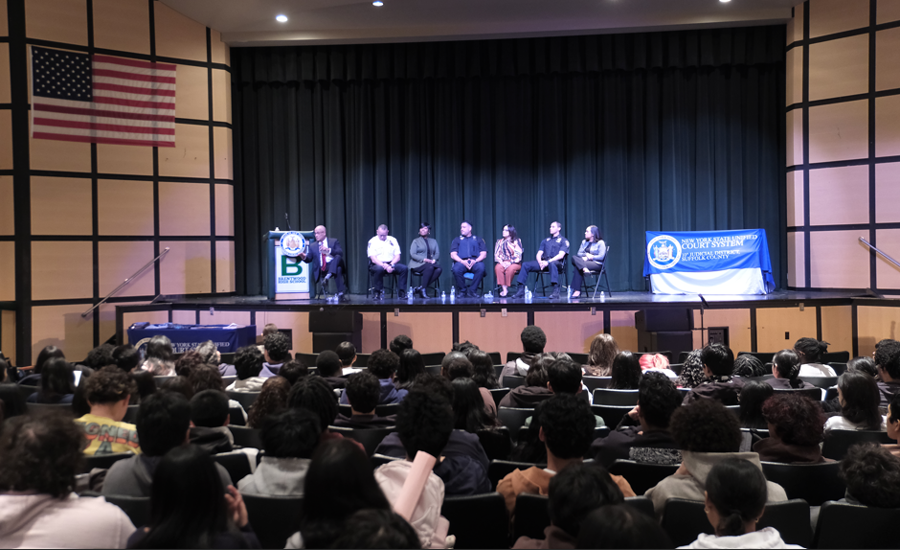 Justice LaSalle talks about his career with the large audience of students in attendance to hear from members of the court. Photo credit: Julia Carpenter, NY Unified Court System.