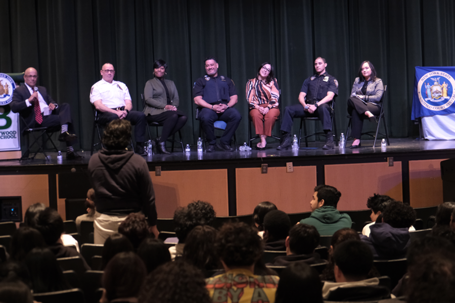Justice LaSalle fields a question from a student on behalf of the court panel. Photo credit: Julia Carpenter, NY Unified Court System.