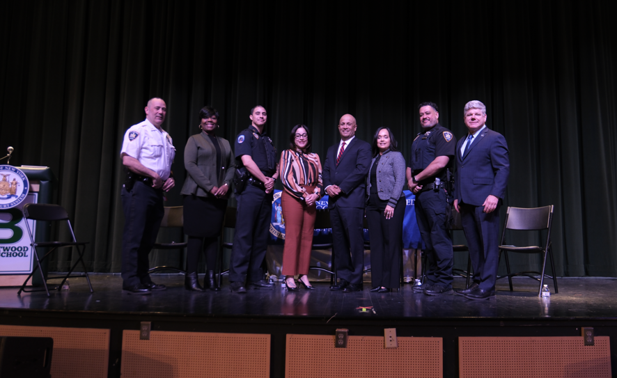 Members of New York’s Unified Court System visit the Brentwood High School (L-R): Lieutenant James Martinez, Associate Court Clerk Crystal Douglas, Court Officer Paul McGlynn, Senior Court Clerk Jessica Williams, Presiding Justice of the Appellate Division, Second Department, Hon. Hector LaSalle, Secretary to Presiding Justice LaSalle Michelle Garcia, Court Officer Anthony Arroyo, Suffolk County District Administrative Judge Hon. Andrew Crecca