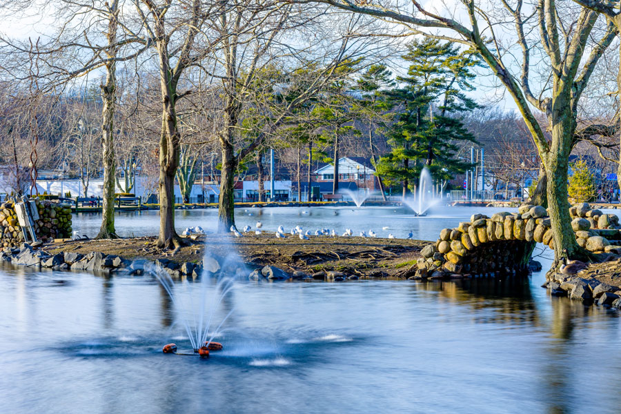 A peaceful view of Heckscher Park in Huntington, New York, featuring its iconic pond, active fountains, and a charming stone footbridge surrounded by winter-bare trees. Waterfowl gather along the shoreline, adding to the park’s tranquil atmosphere in the heart of Huntington Village.
