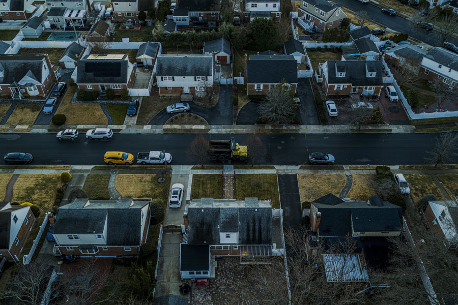 Aerial view of a typical residential neighborhood in Williston Park, New York, highlighting the village’s compact suburban layout, tree-lined streets, and close-knit community setting in Nassau County. 