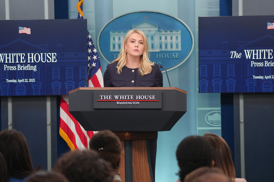 White House Press Secretary Karoline Leavitt speaks during a press briefing in Washington, D.C., where she said the administration would review reports involving missing and deceased scientists that have drawn national attention.