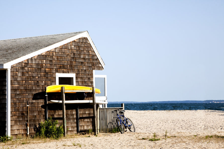 The beach hut at Orient Beach State Park in Orient Point on Long Island’s North Fork overlooks the shoreline of Long Island Sound, a popular destination for kayaking, cycling, picnicking, and coastal recreation. 