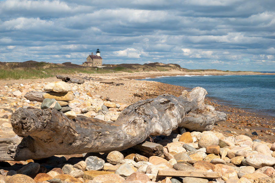Block Island, Rhode Island - Driftwood and North Light Lighthouse on Rocky Shoreline