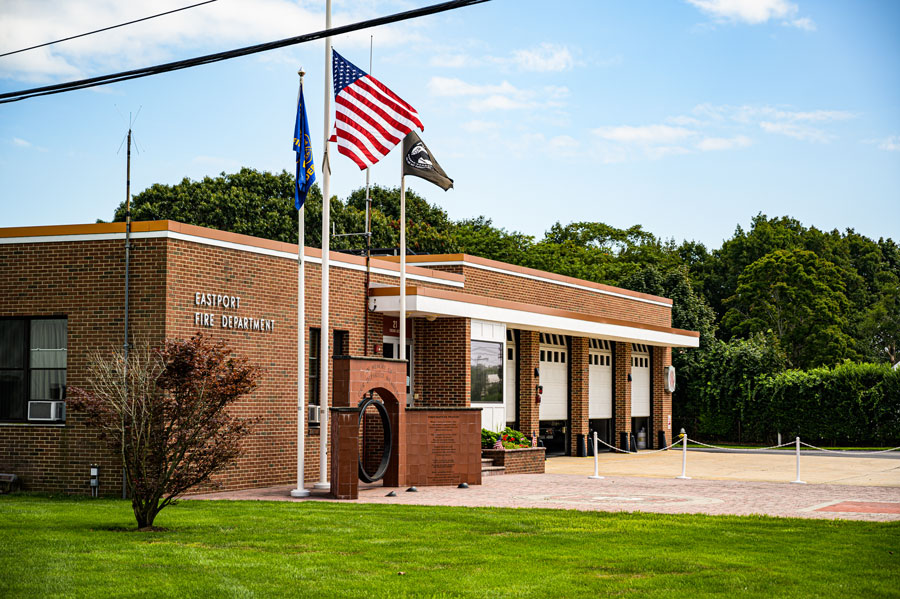 The Eastport Fire Department headquarters stands along Montauk Highway in Eastport, reflecting the strong volunteer fire service tradition and close-knit community spirit found throughout Long Island’s East End.