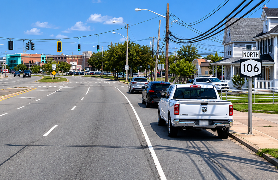 Traffic moves north along Route 106 (Newbridge Road) through the Hicksville corridor in Nassau County, a heavily traveled commercial and commuter roadway connecting central Long Island with the South Shore, North Shore, and nearby Long Island Expressway access points.