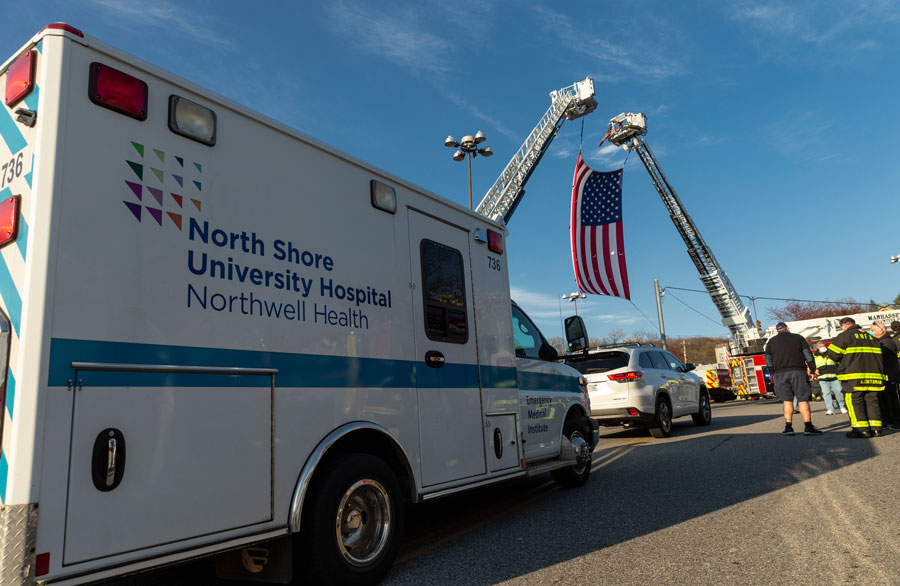 Northwell Health ambulance and emergency personnel outside North Shore University Hospital, part of the Northwell Health system serving the Lake Success and North Shore region of Long Island, New York.