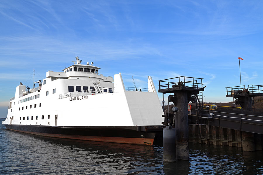 MV Long Island, the newest vessel in the Bridgeport & Port Jefferson Ferry fleet, docked in Port Jefferson, Suffolk County, Long Island, New York, providing passenger and vehicle ferry service across Long Island Sound to Bridgeport, Connecticut.