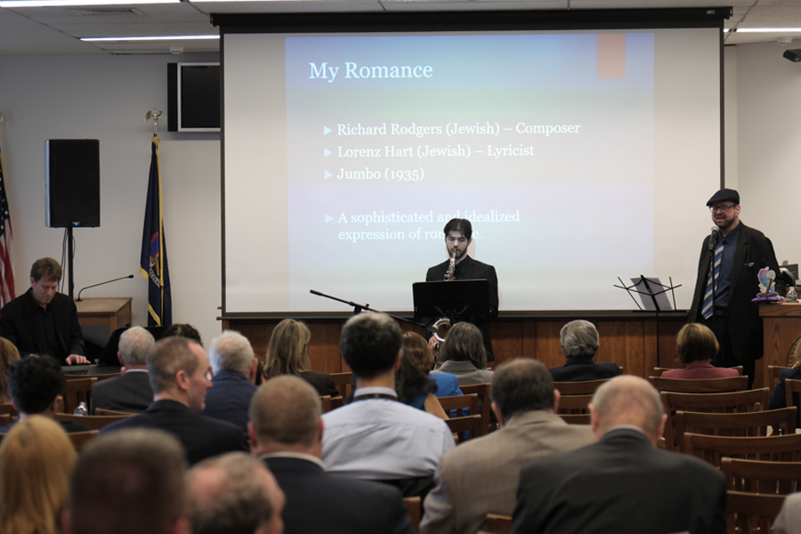 Jewish musicians (L-R) Steven Belfer, Ethan Lander, and Dr. Rav-Hazzan Scott Sokol perform the classic song “My Romance.”