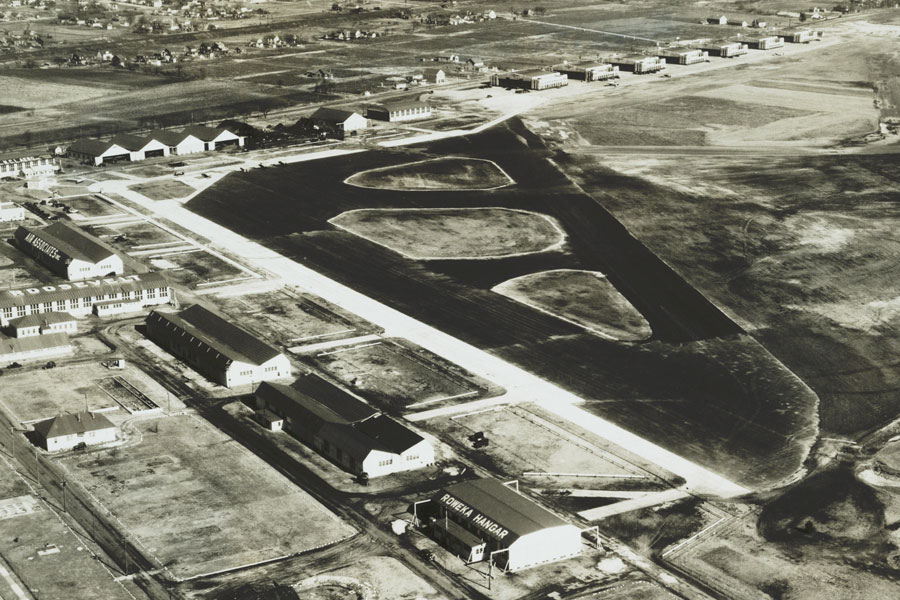 Historic aerial view of Roosevelt Field in Mineola, photographed in September 1931. Originally known as the Hempstead Plains Aerodrome, the airfield became one of the most important aviation sites in the United States during the early twentieth century. 