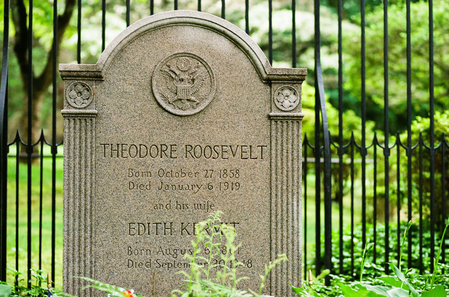The headstone of President Theodore Roosevelt and his wife Edith Kermit Roosevelt at Youngs Memorial Cemetery in Oyster Bay, New York. Roosevelt’s conservation legacy continues nearby through the Theodore Roosevelt Sanctuary and Audubon Center on Long Island’s North Shore.