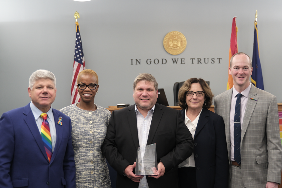 (L-R) District Administrative Judge Andrew Crecca, Supervising Judge of Suffolk’s Supreme Court Matrimonial Parts Cheryl Joseph, keynote speaker and honoree Omar Gonzalez-Pagan, Esq., Acting Supreme Court Justice Chris Ann Kelley, and Support Magistrate Kevin Mulligan stand together for a photo after the ceremony.