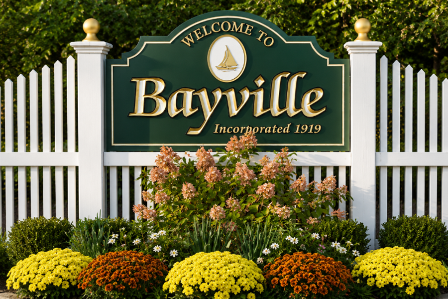 Bayville welcome sign along the North Shore of Long Island. The incorporated Village of Bayville, established in 1919, is known for its waterfront location on Oyster Bay and Long Island Sound, family-friendly beaches, and close ties to Long Island's historic Gold Coast region.