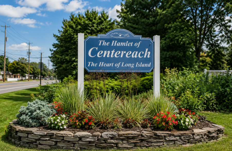The Hamlet of Centereach welcome sign stands along one of the community’s major roadways, reflecting the hamlet’s identity as The Heart of Long Island. Located in central Suffolk County, Centereach serves as a residential and commercial hub known for its convenient location, established neighborhoods, shopping destinations, and access to major transportation corridors throughout Long Island.