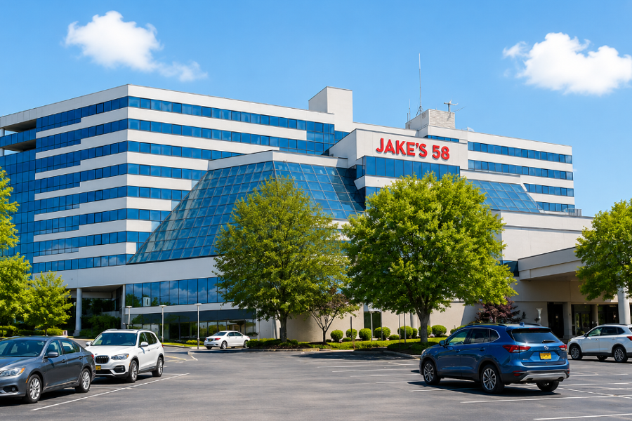 A digitally enhanced and re-rendered view of Jake’s 58 Casino Hotel in Islandia, New York